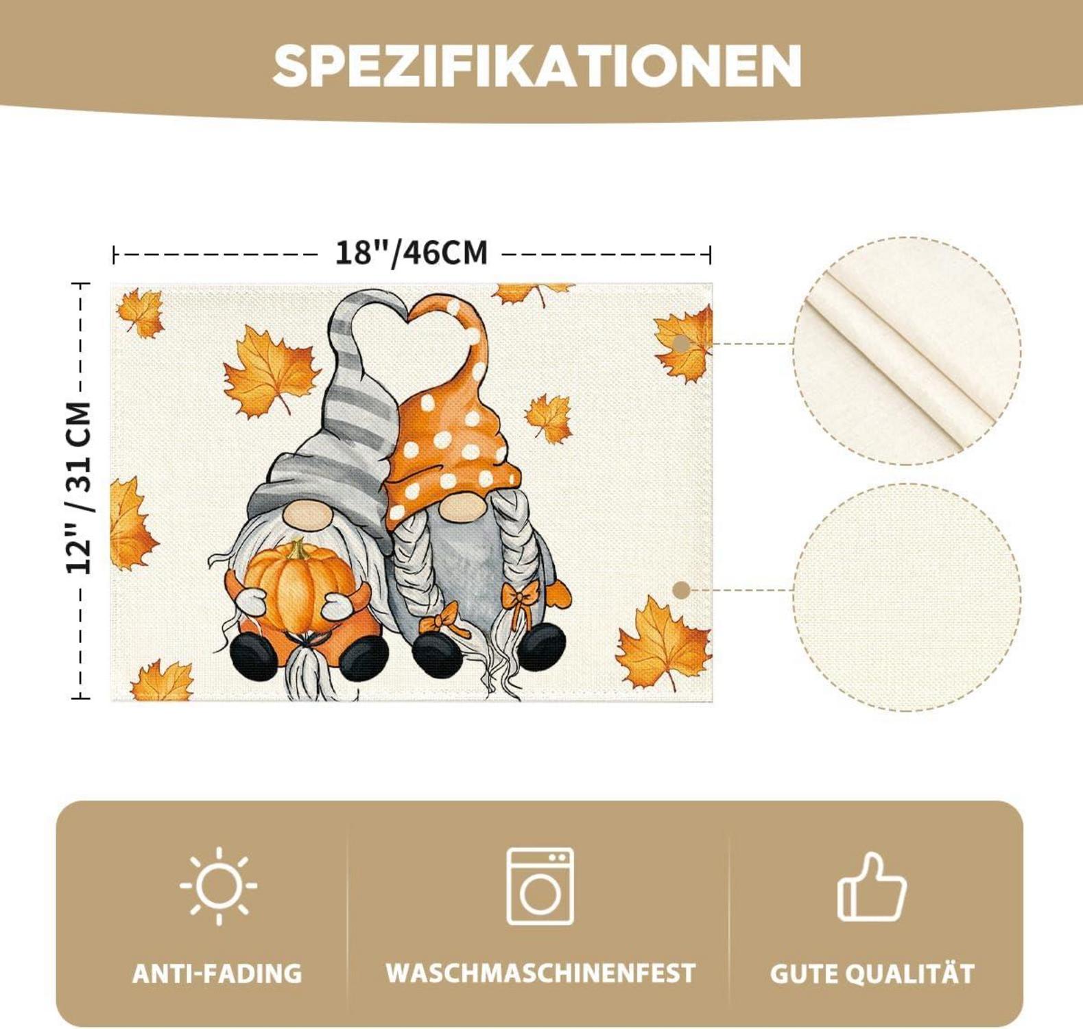 Artoid Mode Herbst Tischsets Kürbisse Ahornblätter 6er Set 30x45cm