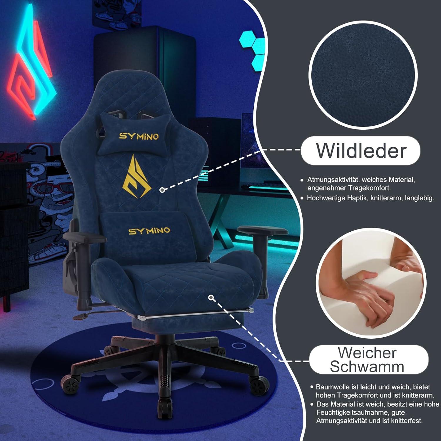 Symino Gaming Stuhl Vintage-PU-Leder Blau ergonomisch verstellbar mit Massagefunktion