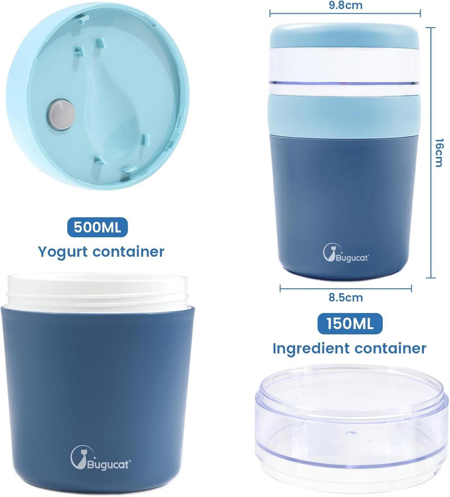 Bugucat Müslibecher to Go 500ml+150ml mit Löffel, Aufkleber