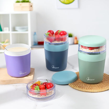 Bugucat Müslibecher to Go mit Löffel und Aufkleber 500ml+150ml, Salatbecher