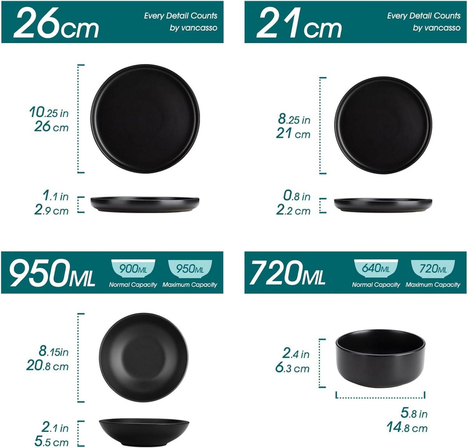 Tafelservice 6 Personen Schwarz matt Steingut 24tlg Geschirr