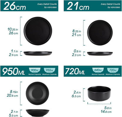 Tafelservice 6 Personen Schwarz matt Steingut 24tlg Geschirr