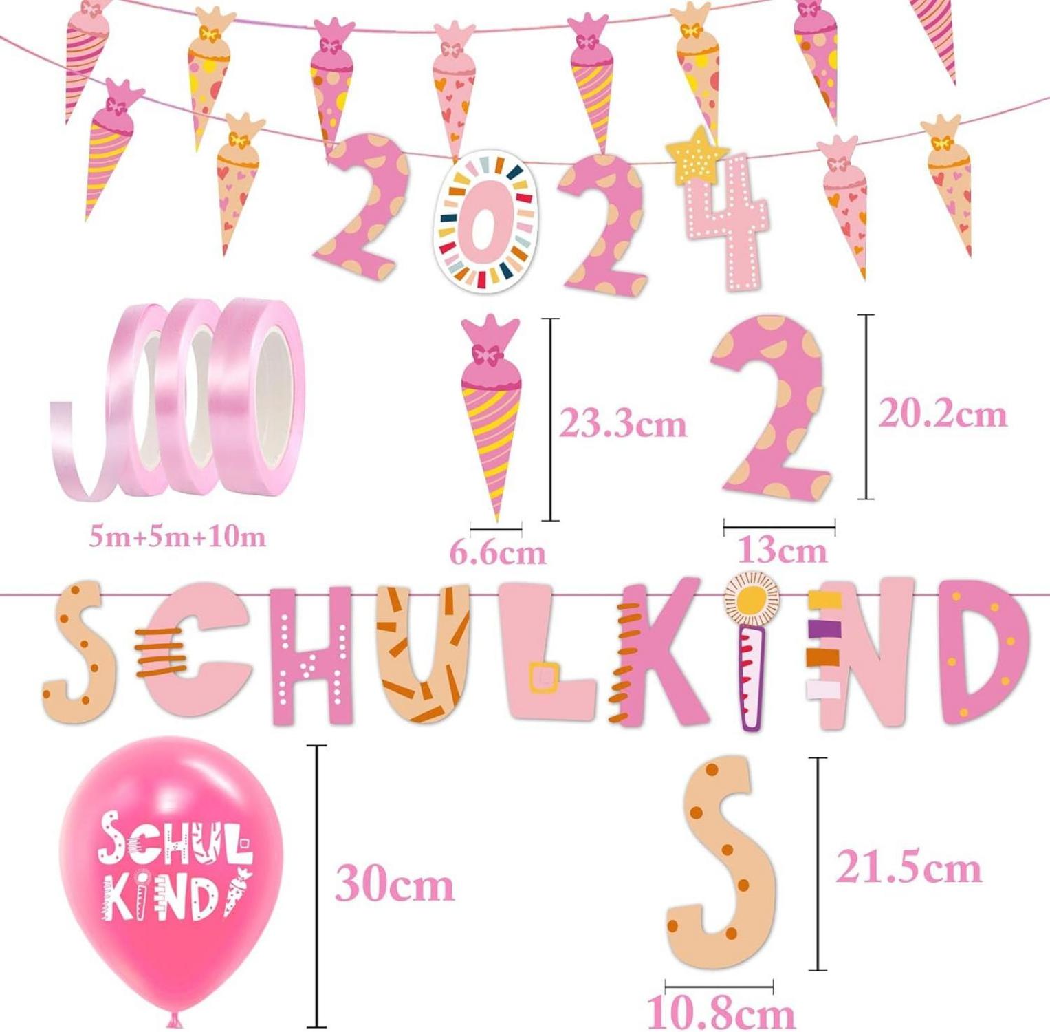 Einschulungsfeier Deko Set Mädchen Schultüte Girlande Luftballon Rose