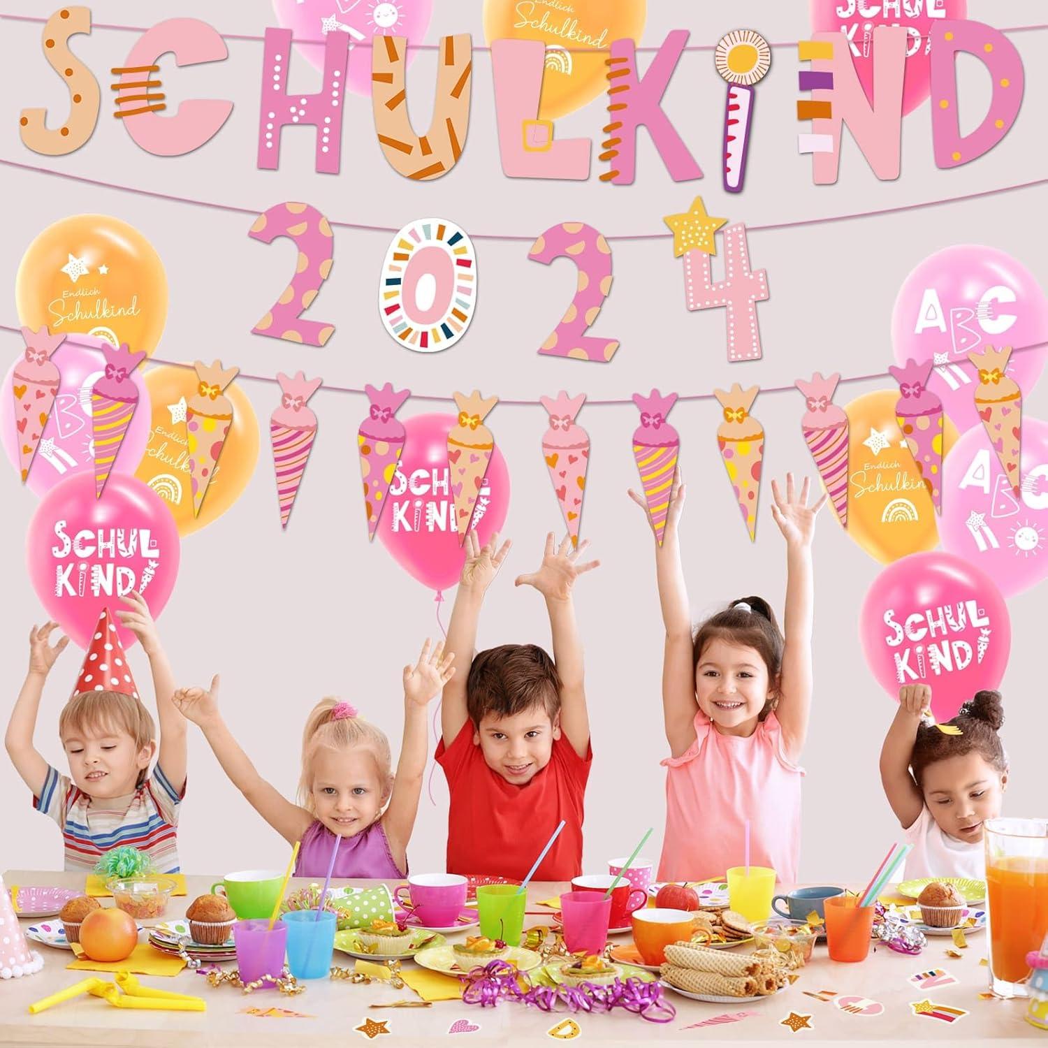 Einschulung Deko Set Mädchen Schulkind Girlande Zuckertüten Luftballon Konfetti Rosa