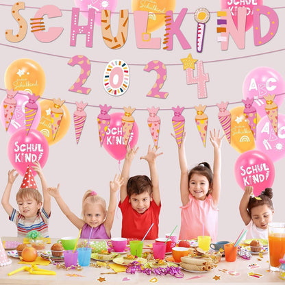 Einschulung Deko Set Mädchen Schulkind Girlande Zuckertüten Luftballon Konfetti Rosa