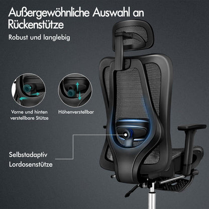 Ergonomischer Netz-Bürostuhl mit 3D-Armlehne und Fußstütze