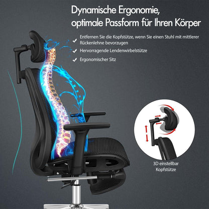 Ergonomischer Netz-Bürostuhl mit 3D-Armlehne und Fußstütze