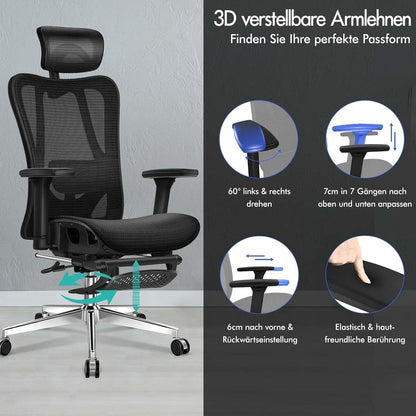 Ergonomischer Netz-Bürostuhl mit 3D-Armlehne und Fußstütze