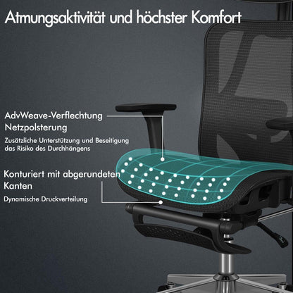 Ergonomischer Netz-Bürostuhl mit 3D-Armlehne und Fußstütze