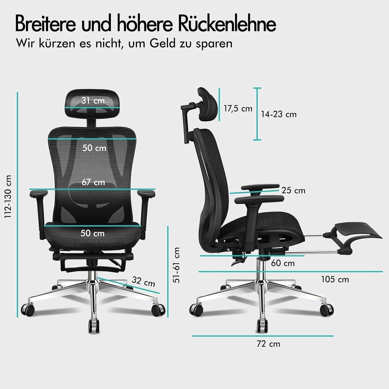 Ergonomischer Netz-Bürostuhl mit 3D-Armlehne und Fußstütze