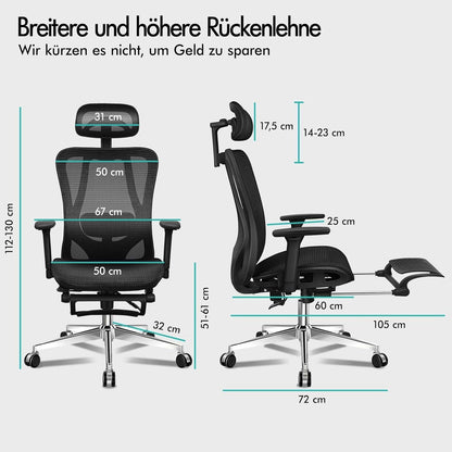 Ergonomischer Netz-Bürostuhl mit 3D-Armlehne und Fußstütze