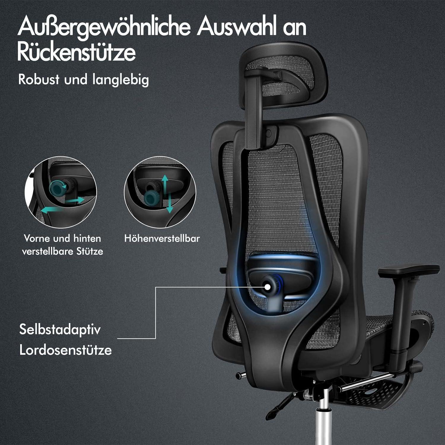ALFORDSON Ergonomischer Netz-Bürostuhl mit 3D-Armlehne und Lendenwirbelstütze, Schwarz