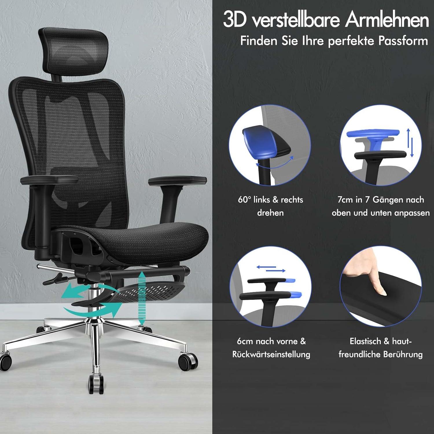 Ergonomischer Netz-Bürostuhl mit 3D-Armlehne, verstellbarer Kopfstütze