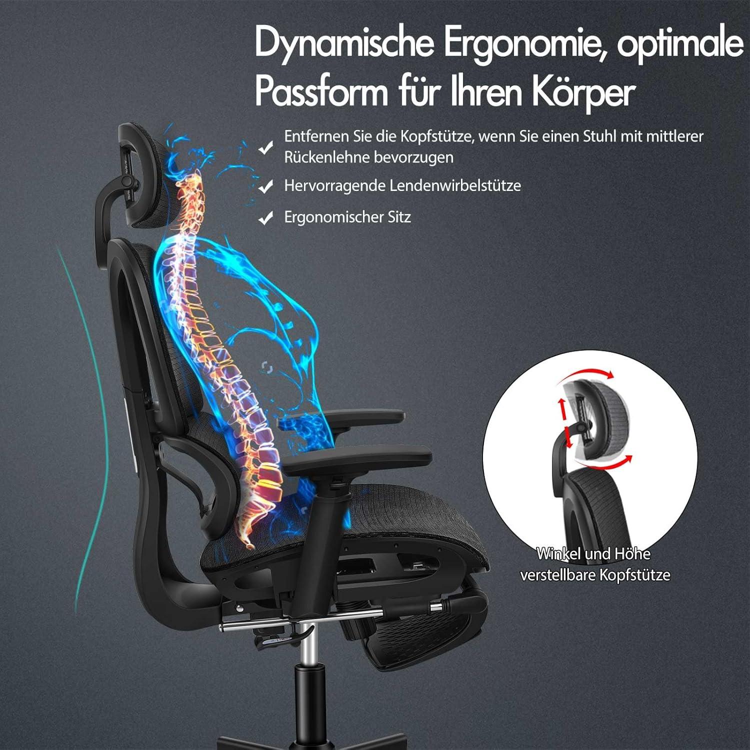 Ergonomischer Netz-Bürostuhl mit 3D-Armlehne und Fußstütze, Schwarz
