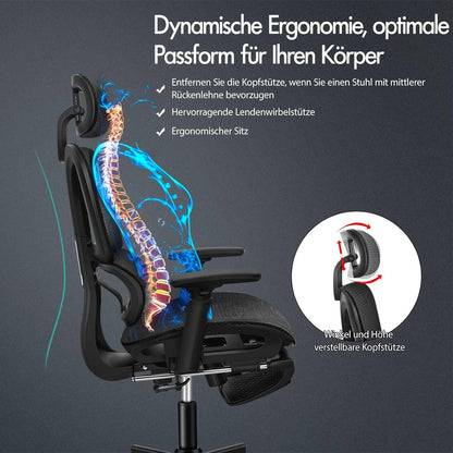 Ergonomischer Netz-Bürostuhl mit 3D-Armlehne und Fußstütze, Schwarz