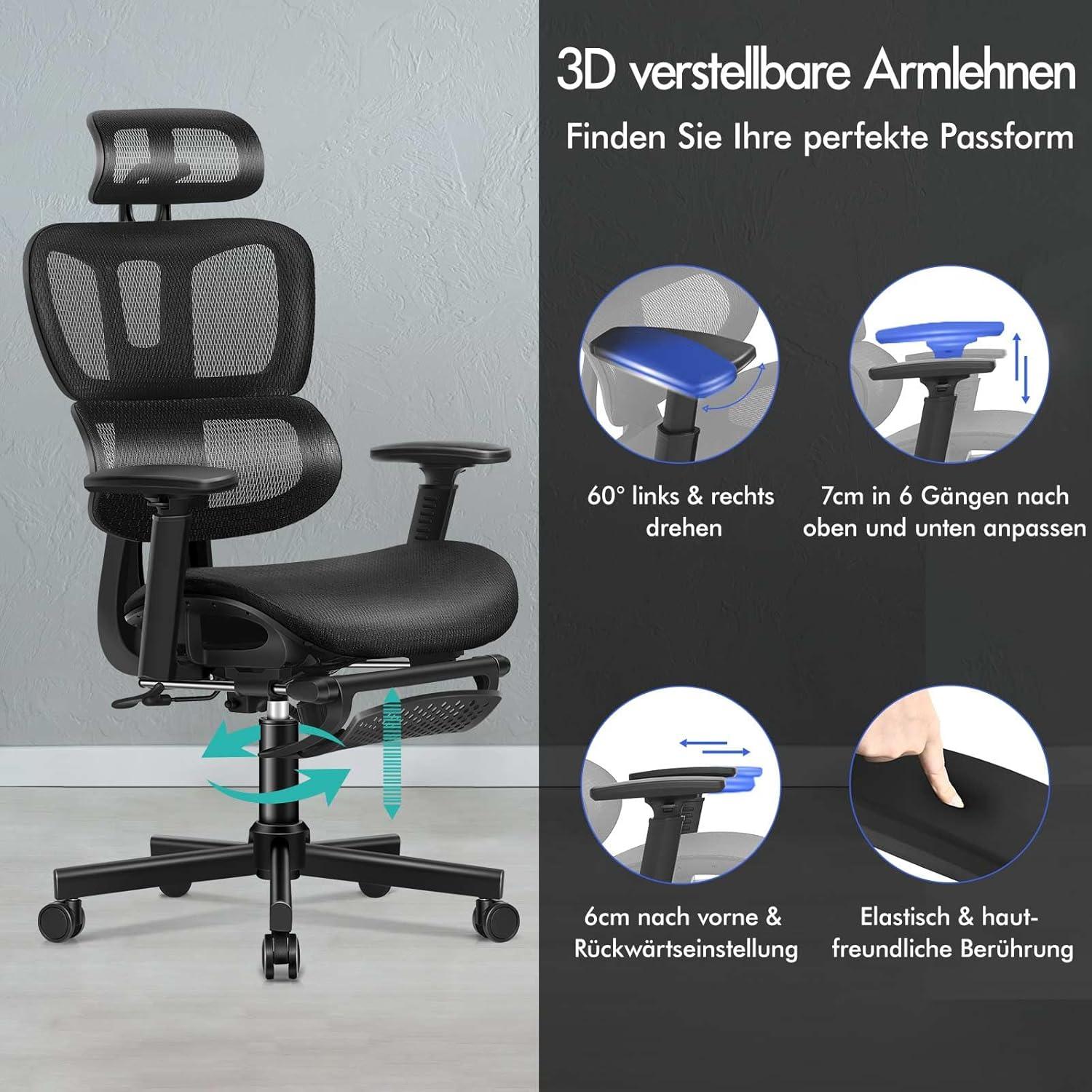 Ergonomischer Netz-Bürostuhl mit 3D-Armlehne, verstellbarer
