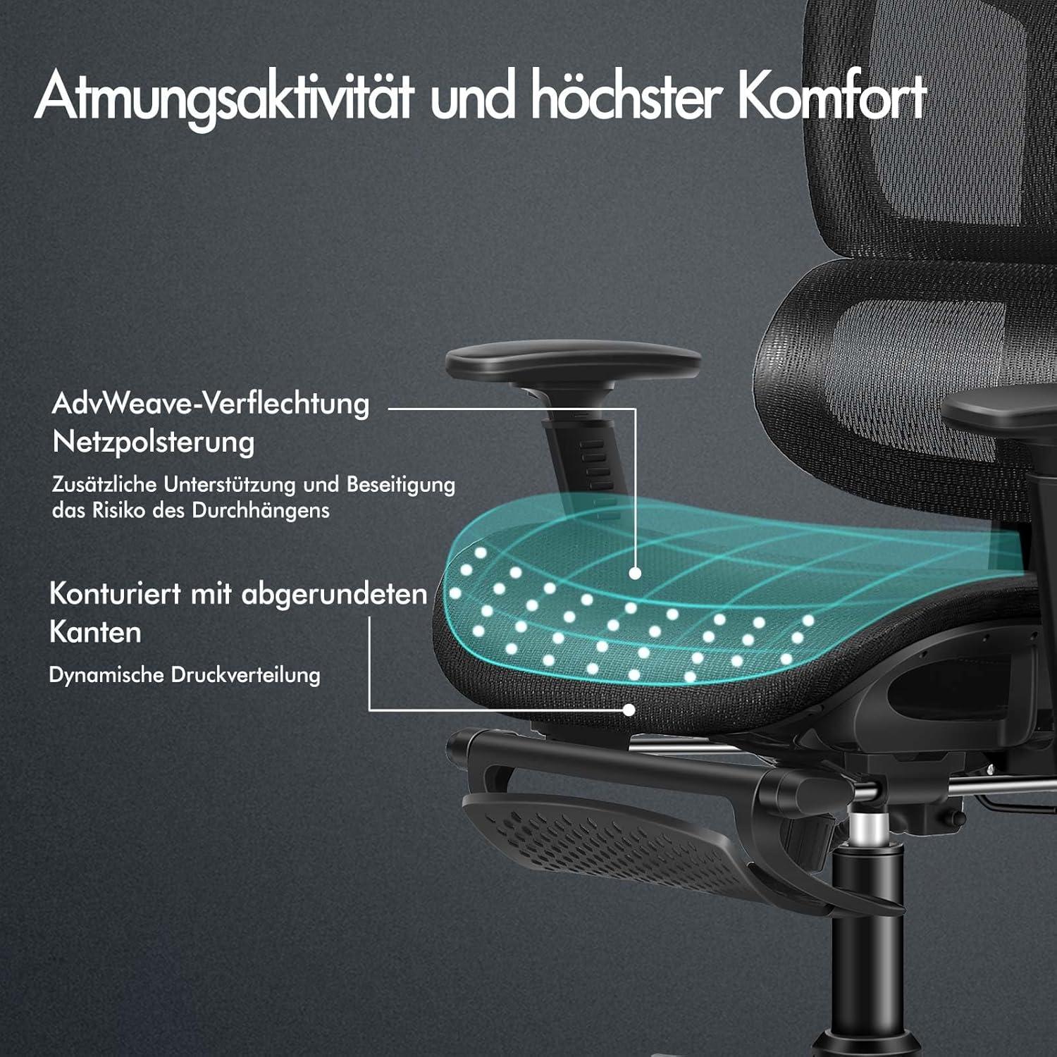 Ergonomischer Netz-Bürostuhl mit 3D-Armlehne und Fußstütze, Schwarz