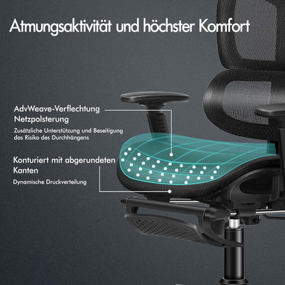 Ergonomischer Netz-Bürostuhl mit 3D-Armlehne und Fußstütze, Schwarz