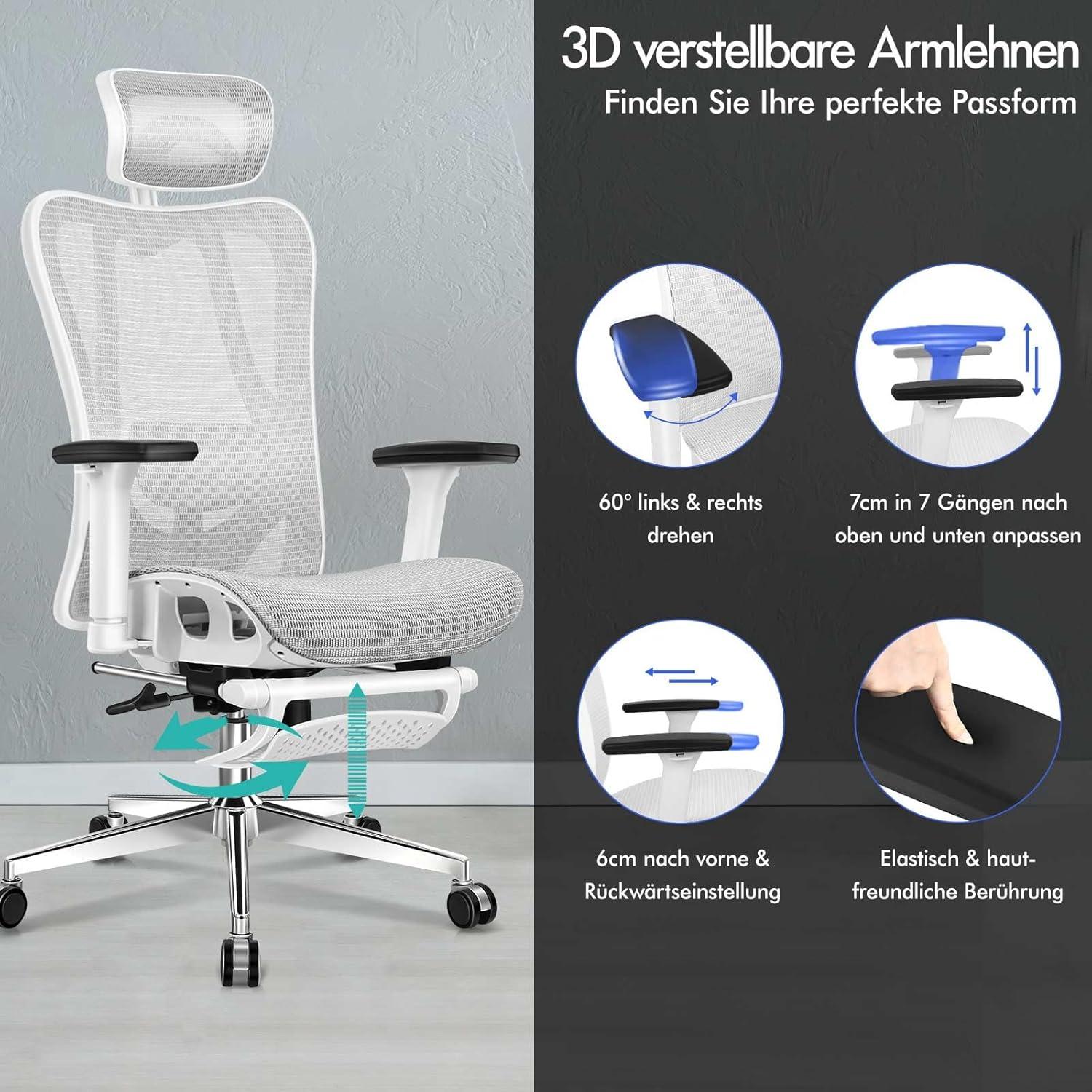 Ergonomischer Netz-Bürostuhl mit 3D-Armlehne und Fußstütze, Gary