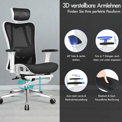 Ergonomischer Netz-Bürostuhl 3D-Armlehne Kopfstütze Schwarz