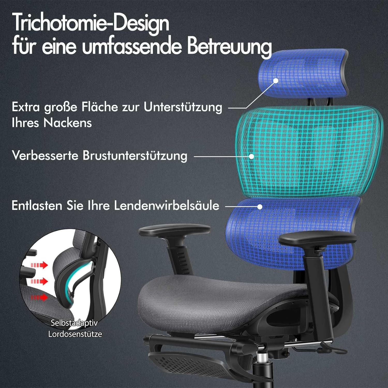 ALFORDSON Ergonomischer Netz-Bürostuhl mit 3D-Armlehne und Fußstütze, Gray