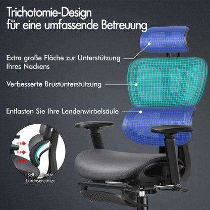 ALFORDSON Ergonomischer Netz-Bürostuhl mit 3D-Armlehne und Fußstütze, Gray