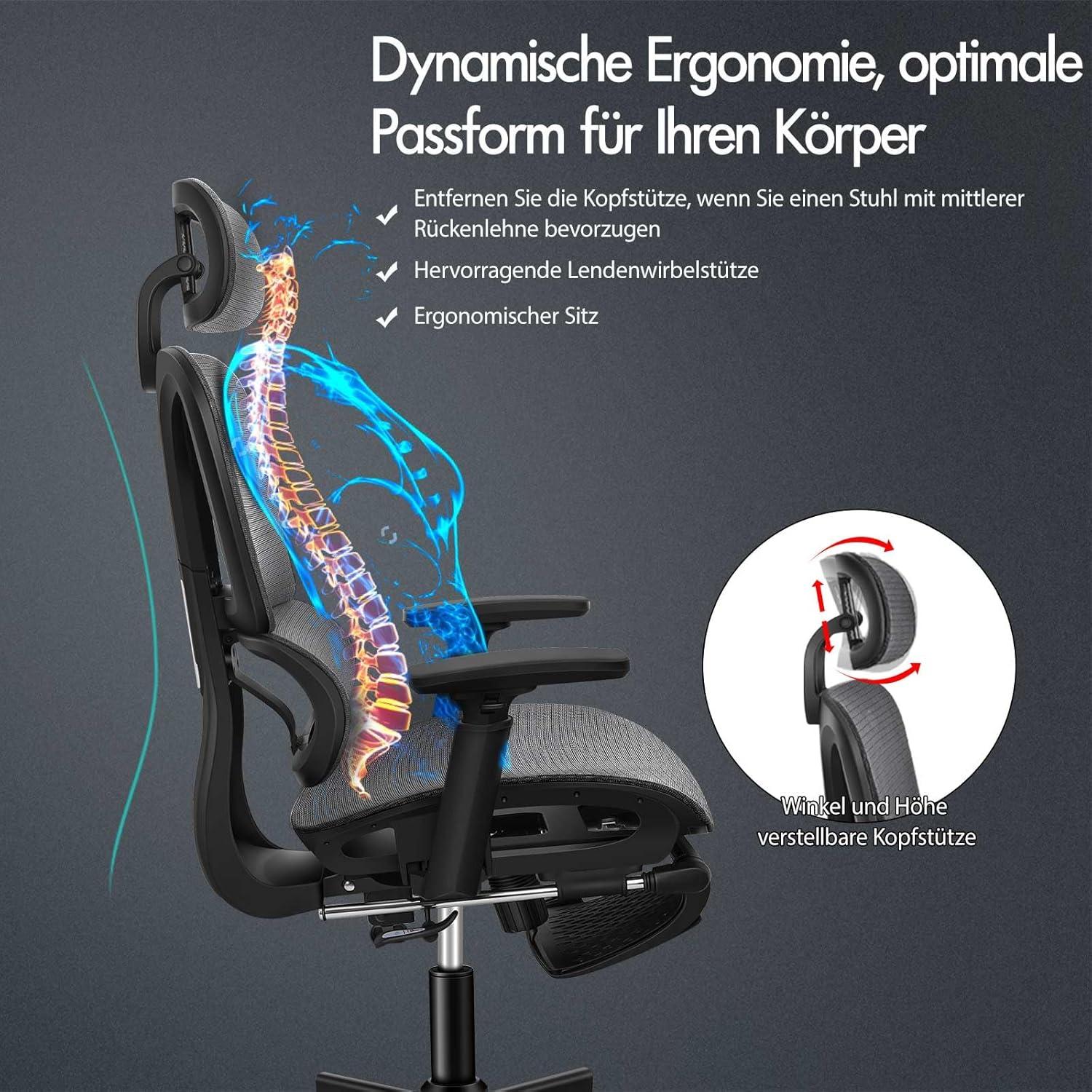 Bürostuhl mit 3D-Armlehne, Kopfstütze, Fußstütze, Lendenwirbelstütze, Gray