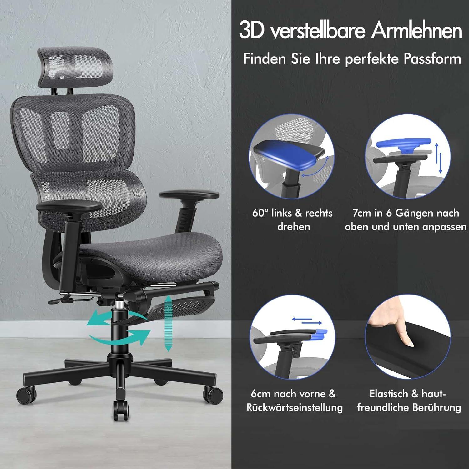 Ergonomischer Netz-Bürostuhl mit 3D-Armlehne und Lendenwirbelstütze