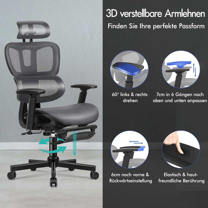 Ergonomischer Netz-Bürostuhl mit 3D-Armlehne und Lendenwirbelstütze