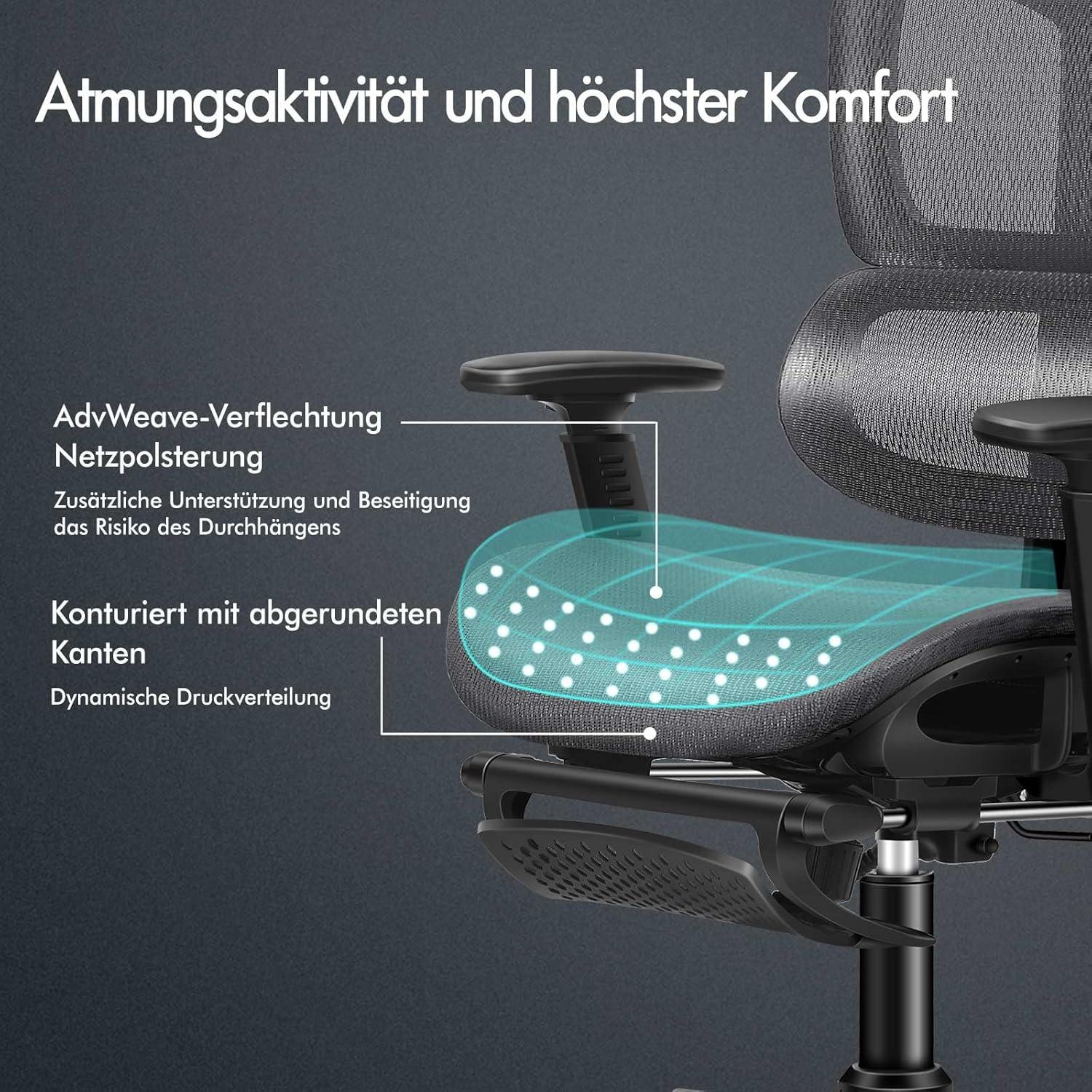 Bürostuhl mit 3D-Armlehne, Kopfstütze, Fußstütze, Lendenwirbelstütze, Gray
