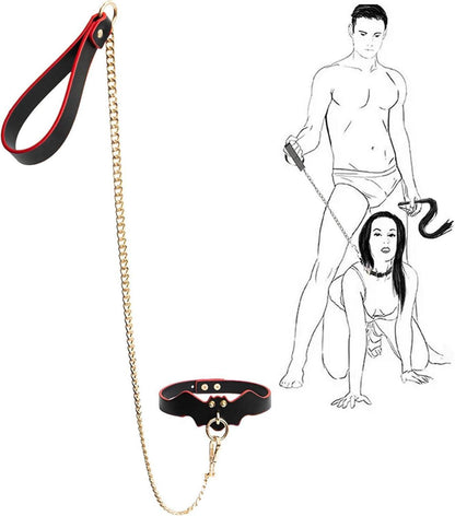 BDSM Leder Halsband mit Leine und Ketten - Rot-Schwarz