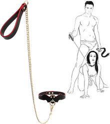 BDSM Leder Halsband mit Leine und Ketten - Rot-Schwarz
