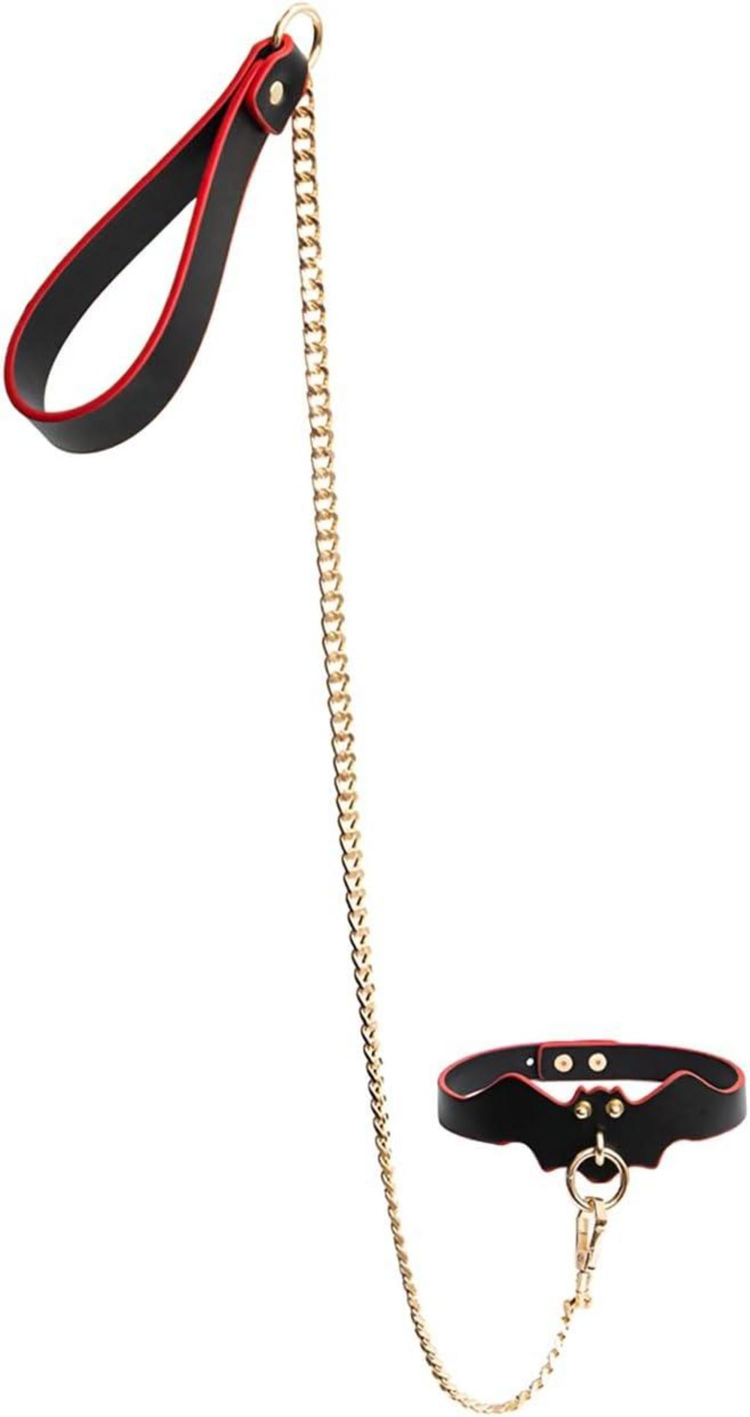 Moinha Leder BDSM Halsband mit Leine und Ketten Set Rot-Schwarz