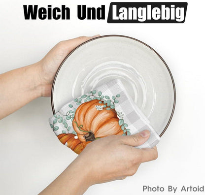 Artoid Mode Herbst Küchentücher 2er Set 42x65cm Orange Buffalokaro Kürbisse Eukalyptus Blätter