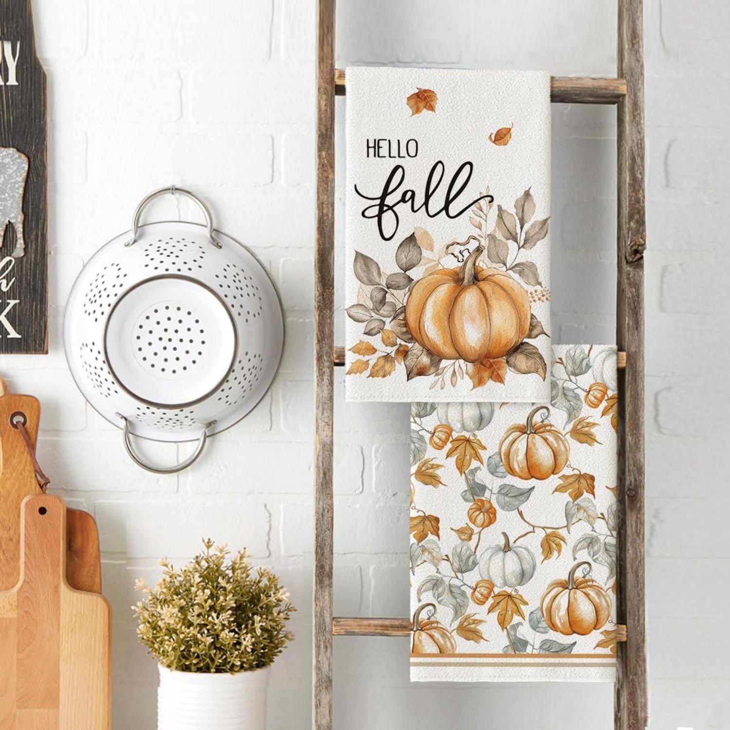 Watercolor Blätter Kürbisse Blumen Herbst Küchentücher 4er Set