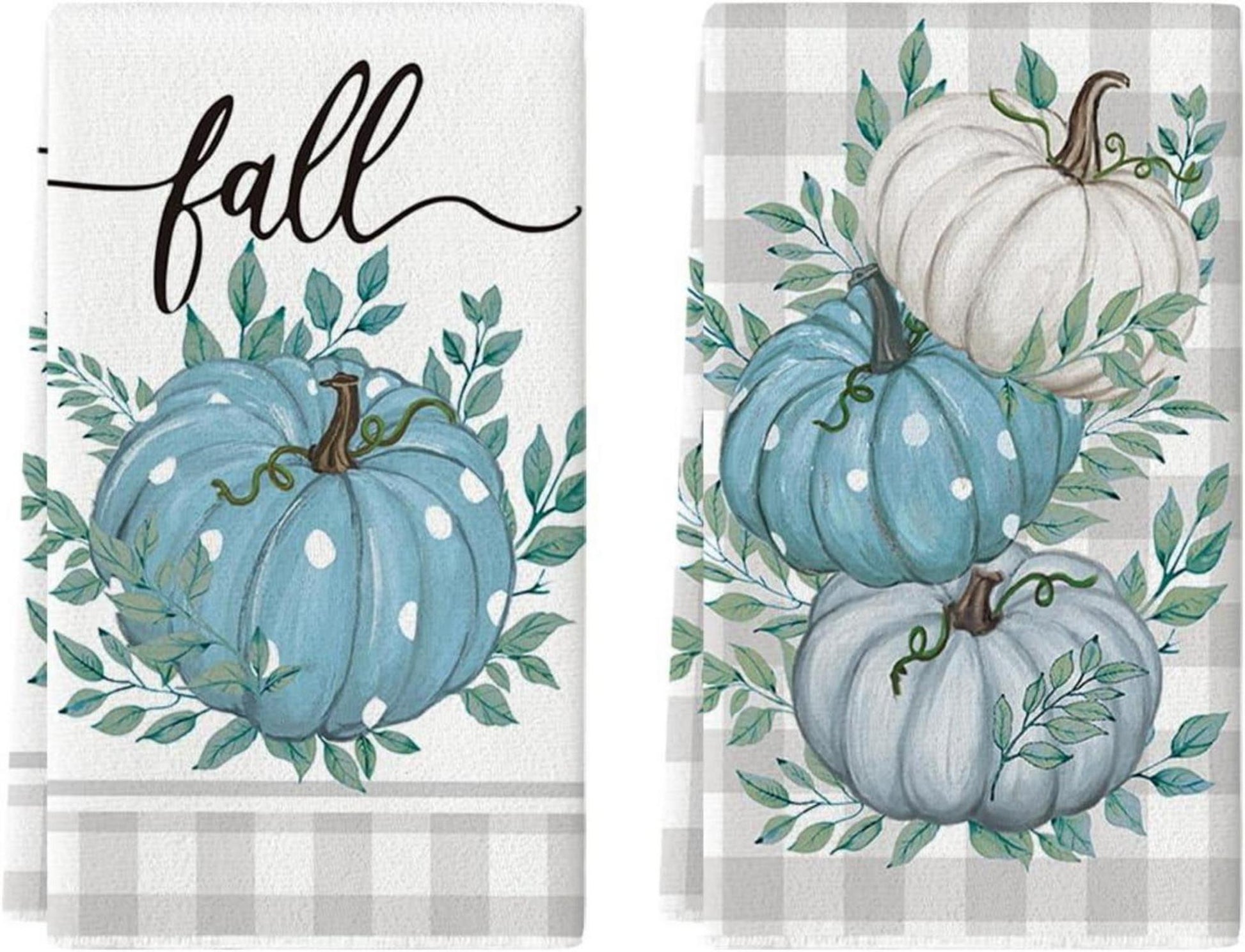 Herbstliche Küchentücher 2er Set Blau 42x65cm Buffalokaro & Kürbisse