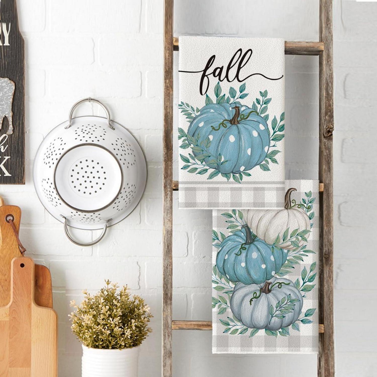 Herbstliche Küchentücher 2er Set Blau 42x65cm Buffalokaro & Kürbisse