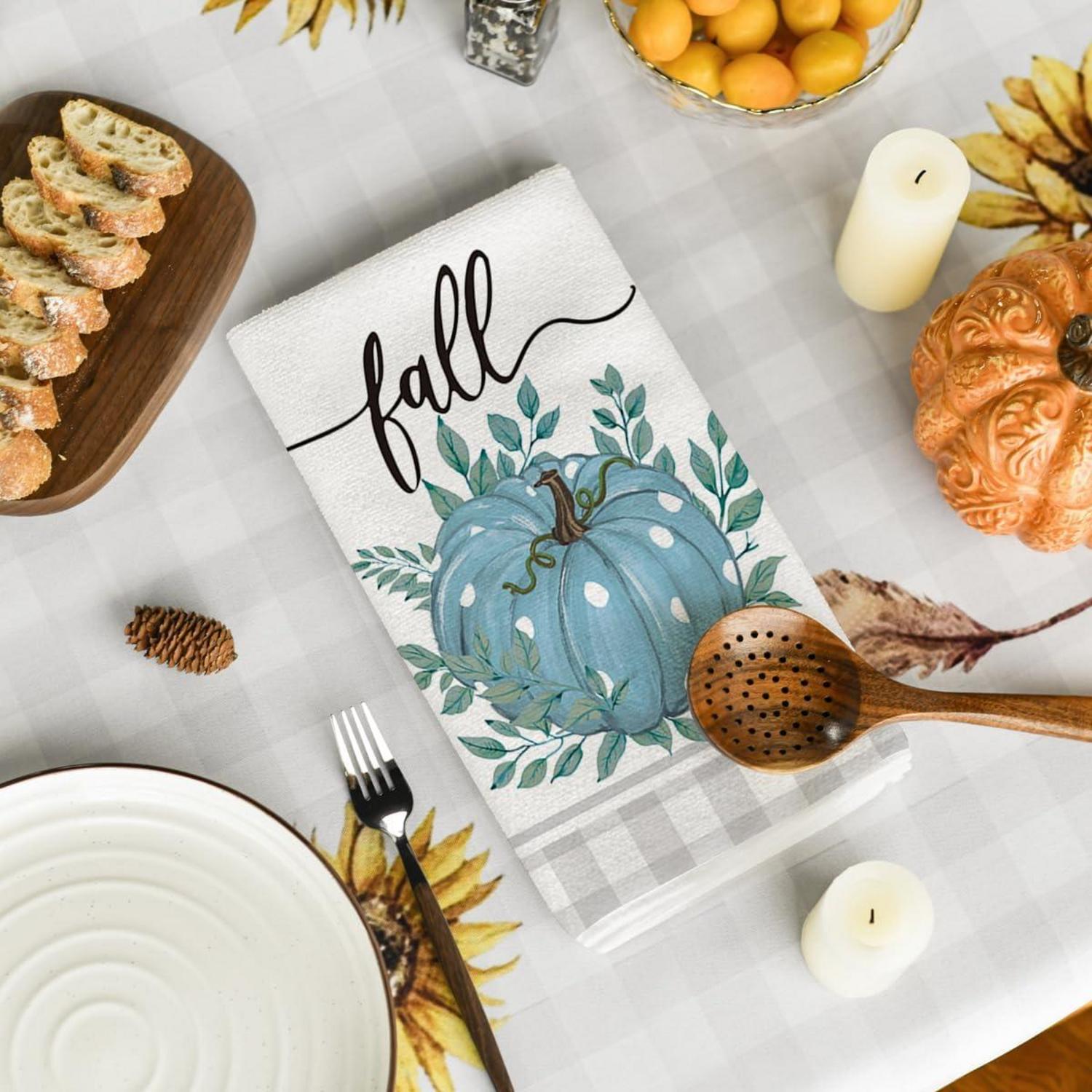 Büffelkaro Küchentücher Blau Kürbisse Herbst 2er Set 42x65cm