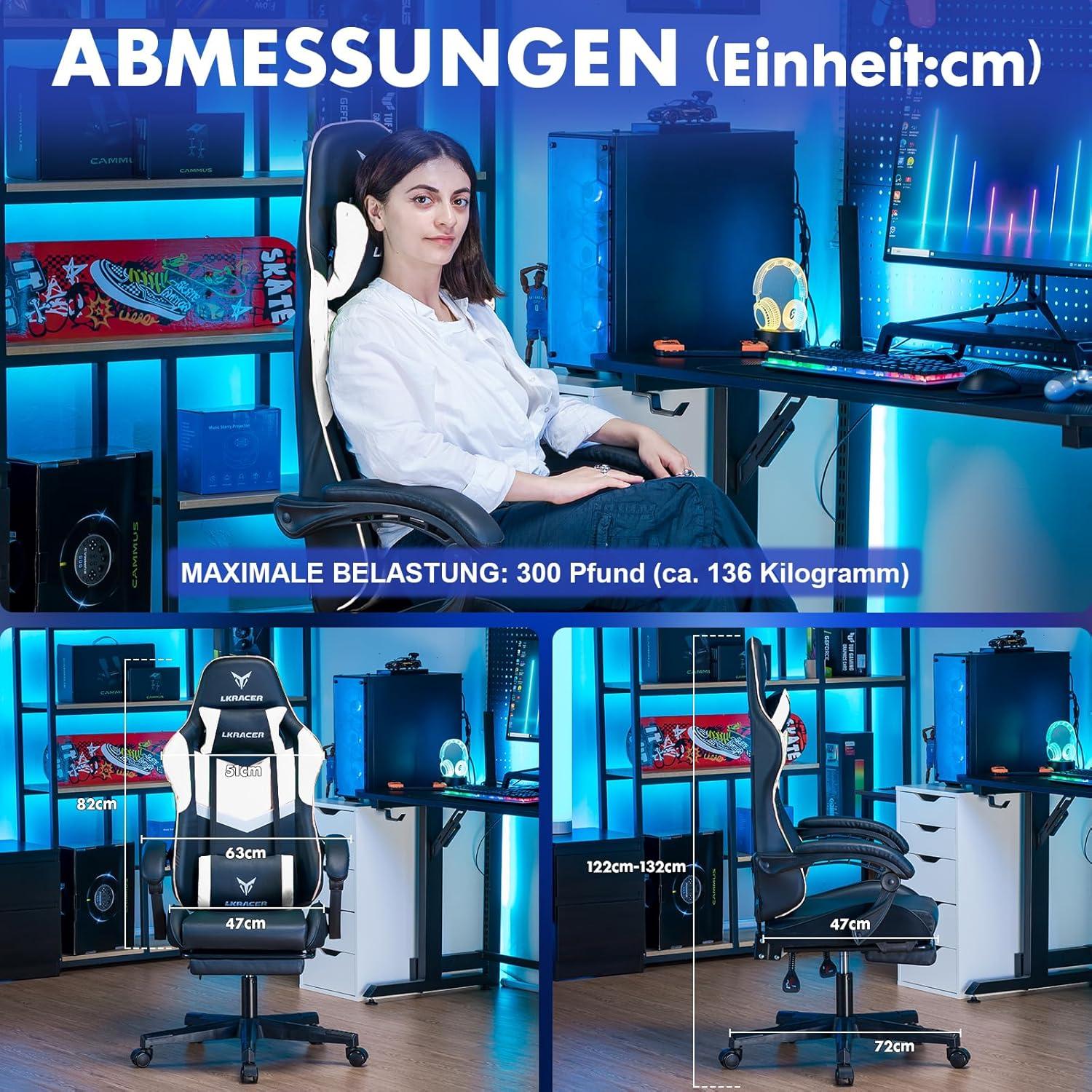 Ergonomischer Gaming Stuhl mit Fußstütze und Kopfkissen