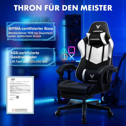 Gaming Stuhl mit Fußstütze und Lendenkissen, Kopfkissen - Ergonomisch, Höhenverstellbar, 150 kg Belastbarkeit