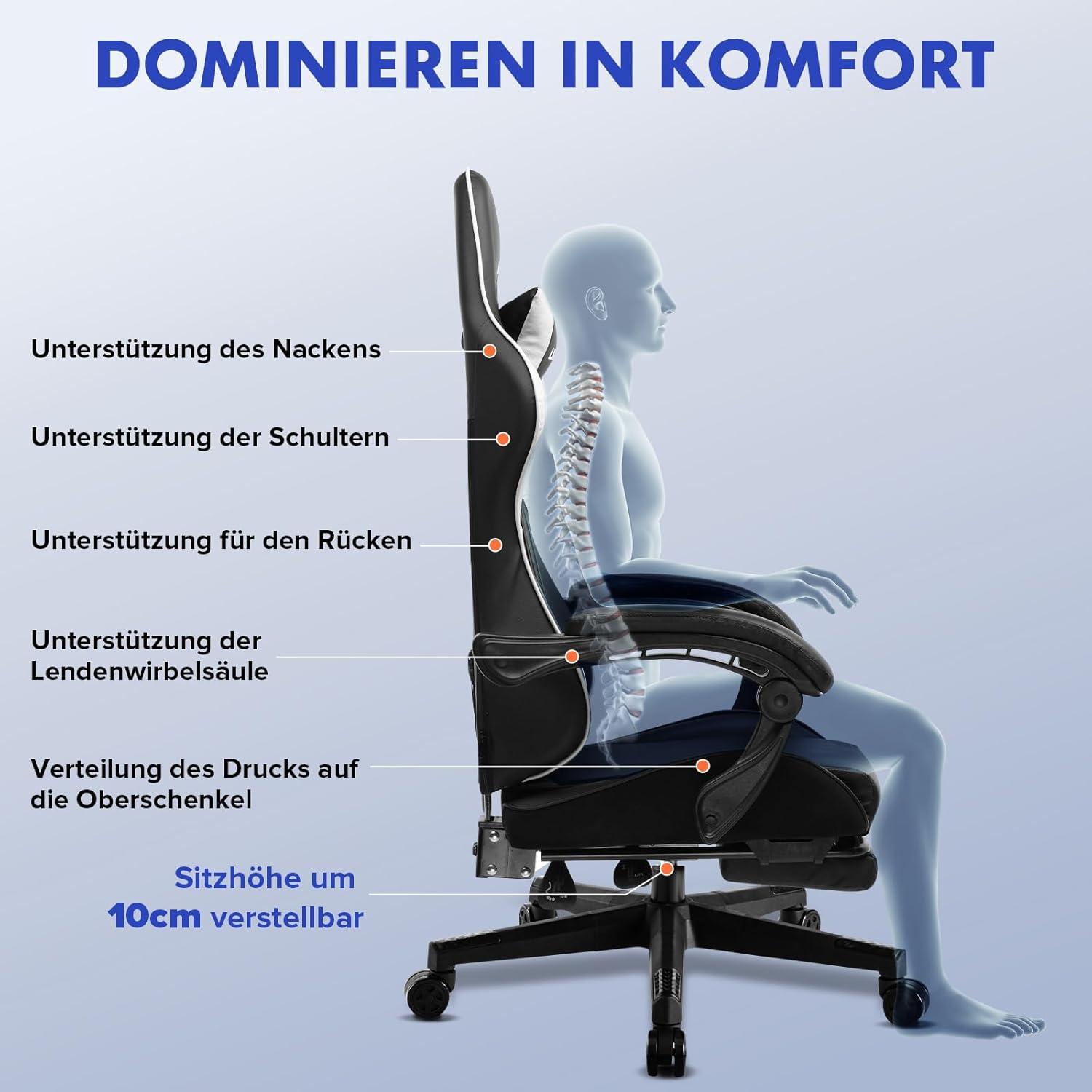 Ergonomischer Gaming Stuhl mit Fußstütze und verstellbaren Kissen