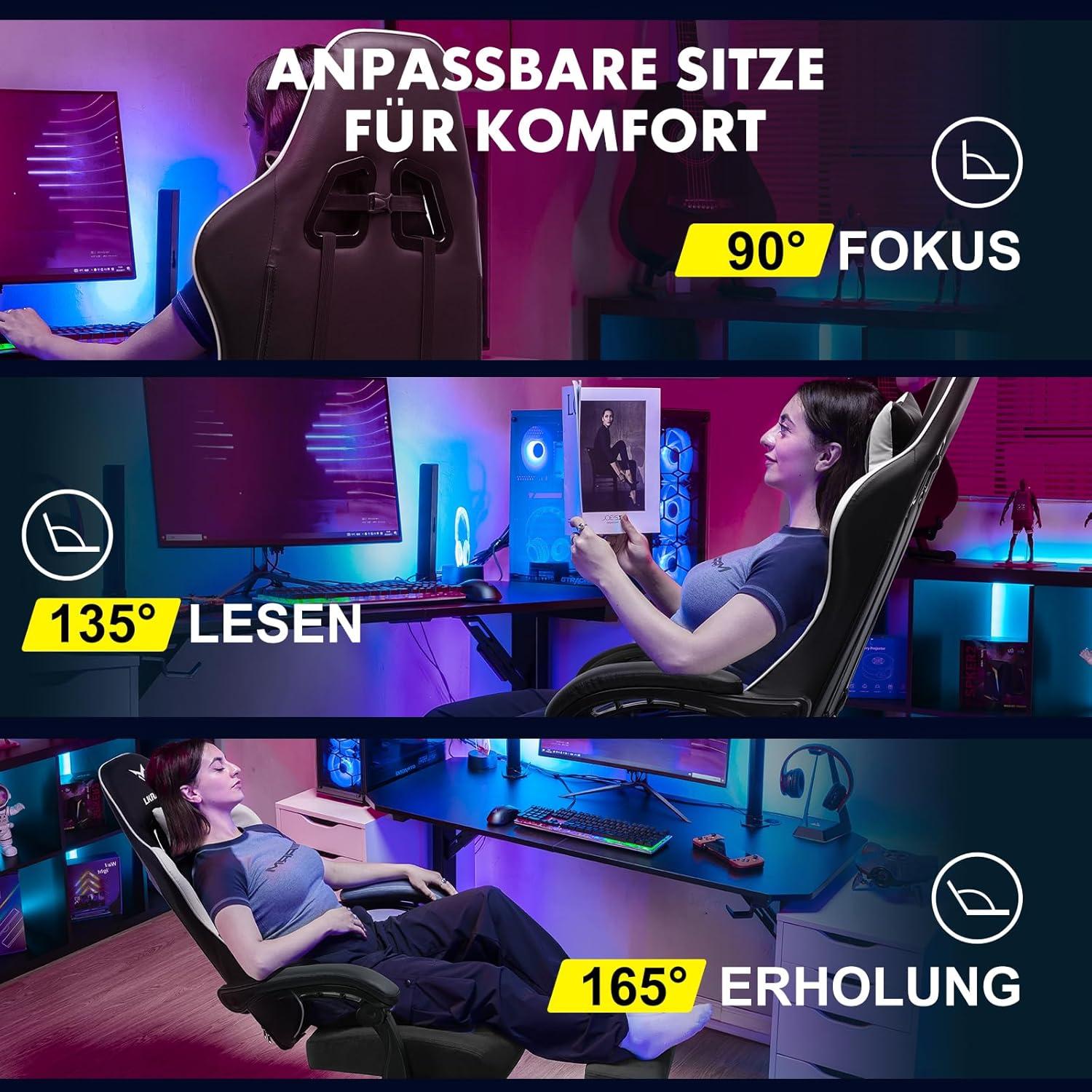 Ergonomischer Gaming Stuhl mit Fußstütze und verstellbaren Kissen