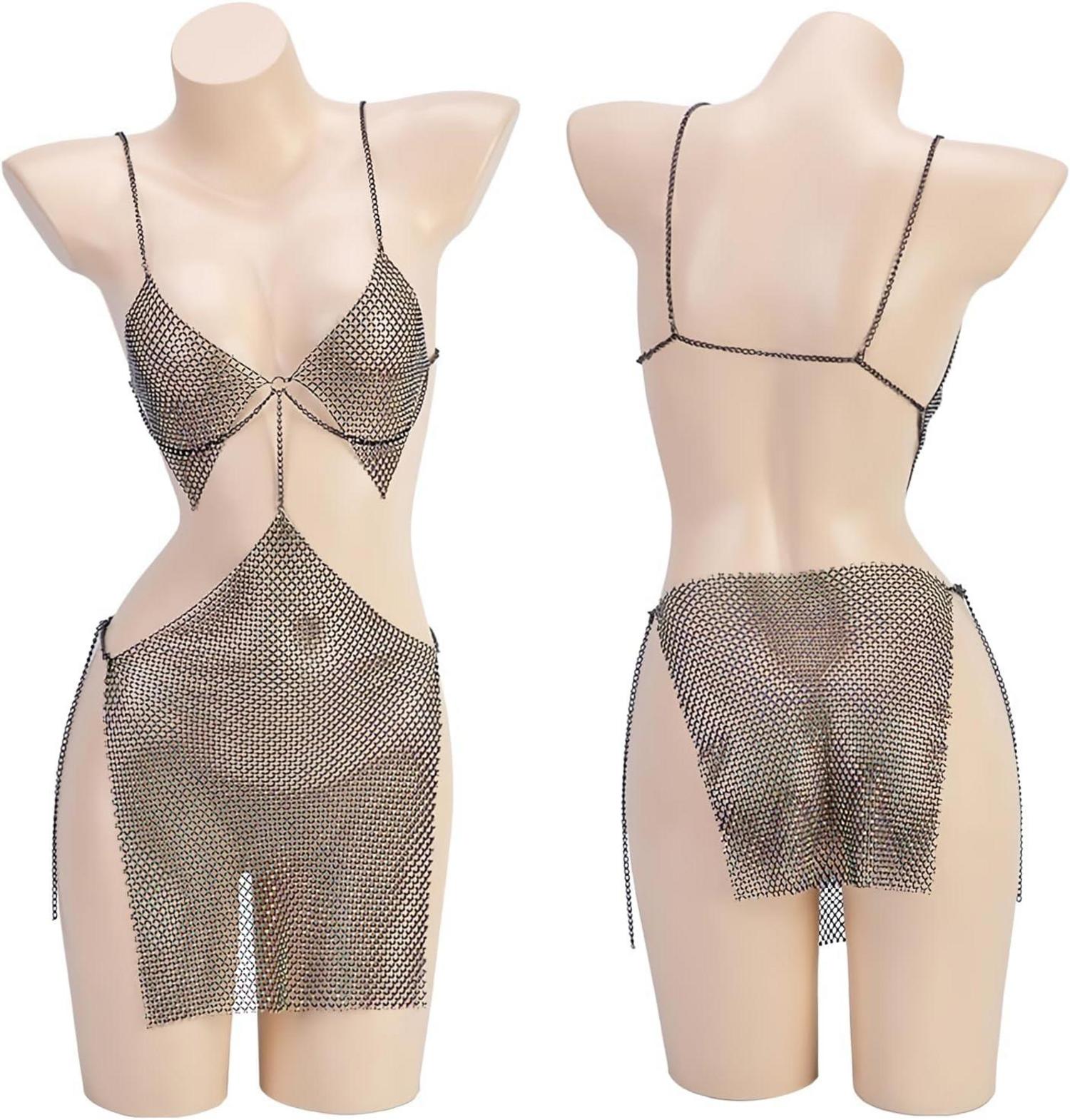 Moinha Sexy Sling Fischernetz Neckholder Minikleid Dessous Set