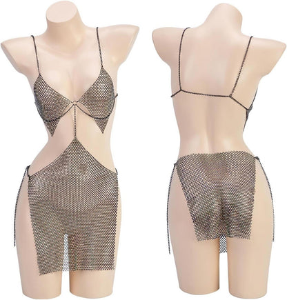 Moinha Sexy Sling Fischernetz Neckholder Minikleid Dessous Set