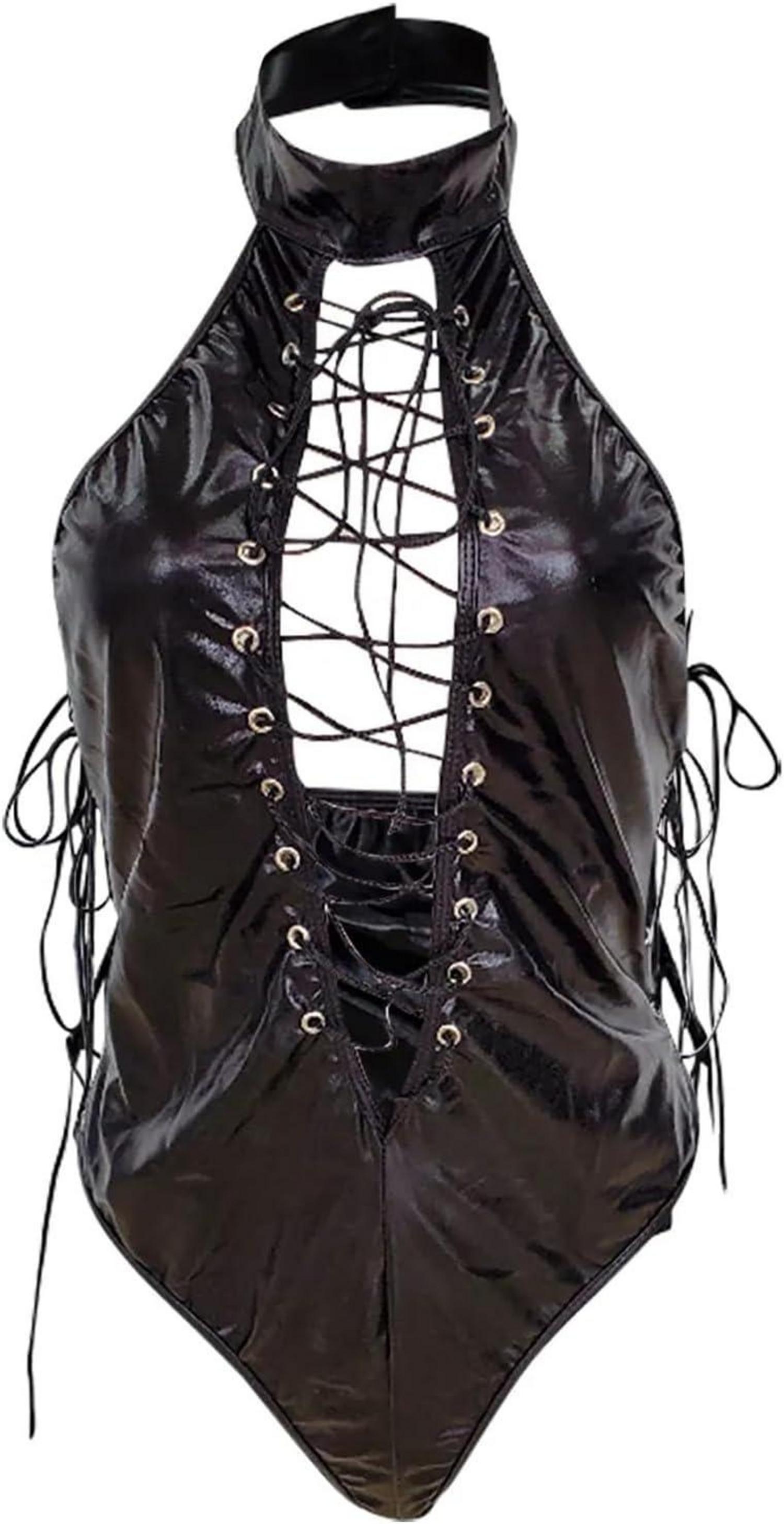 Sexy Latex Bondage Bodysuit Damen Lace Up Catsuit TeddyAnime Cosplay
