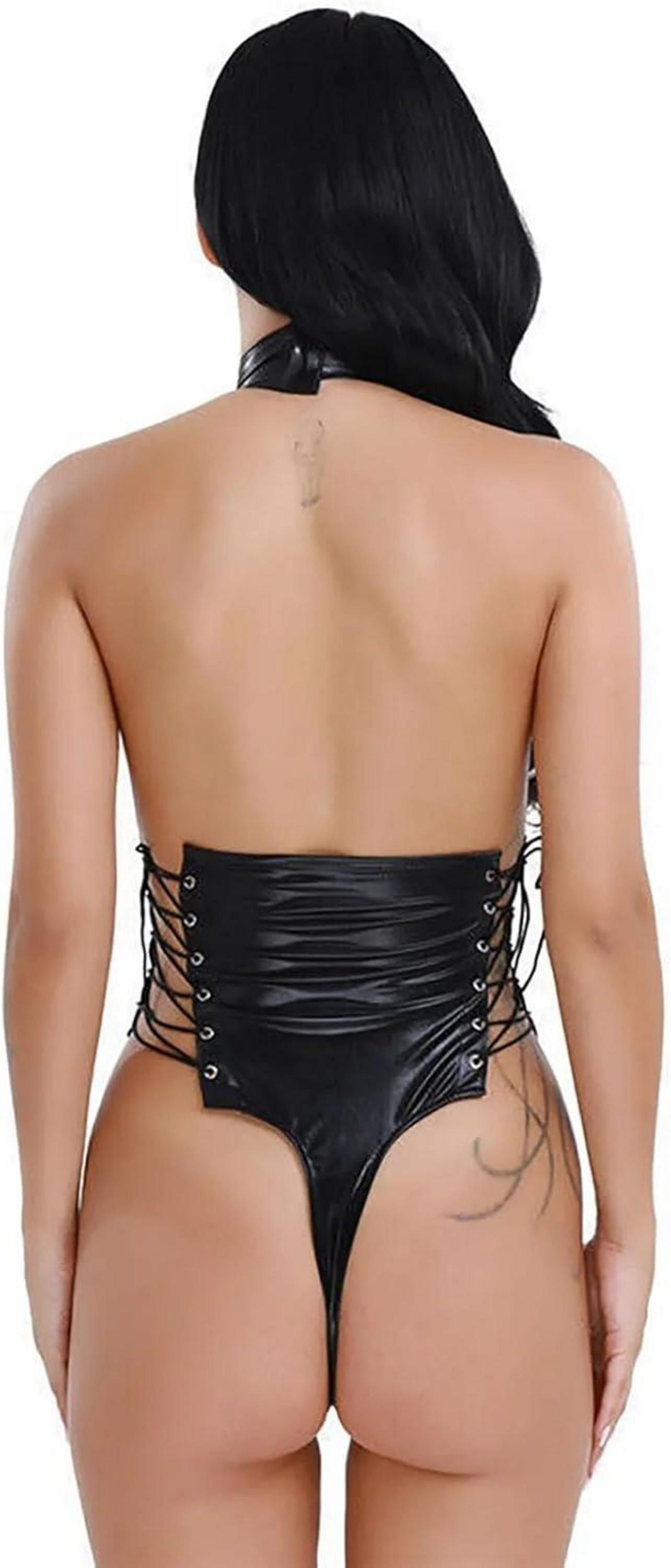 Sexy Latex Bondage Bodysuit Damen Lace Up Catsuit Clubwear