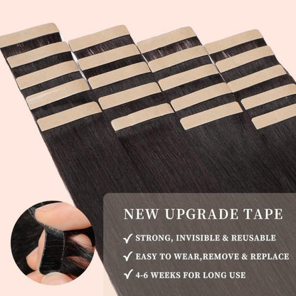 Echthaar Tape Extensions 60cm Schwarz Natürliches Remy Haar
