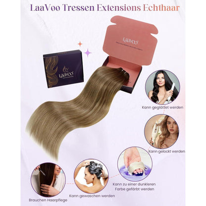 Echthaar Tressen zum Einnähen Balayage Braun Ombre Goldblond