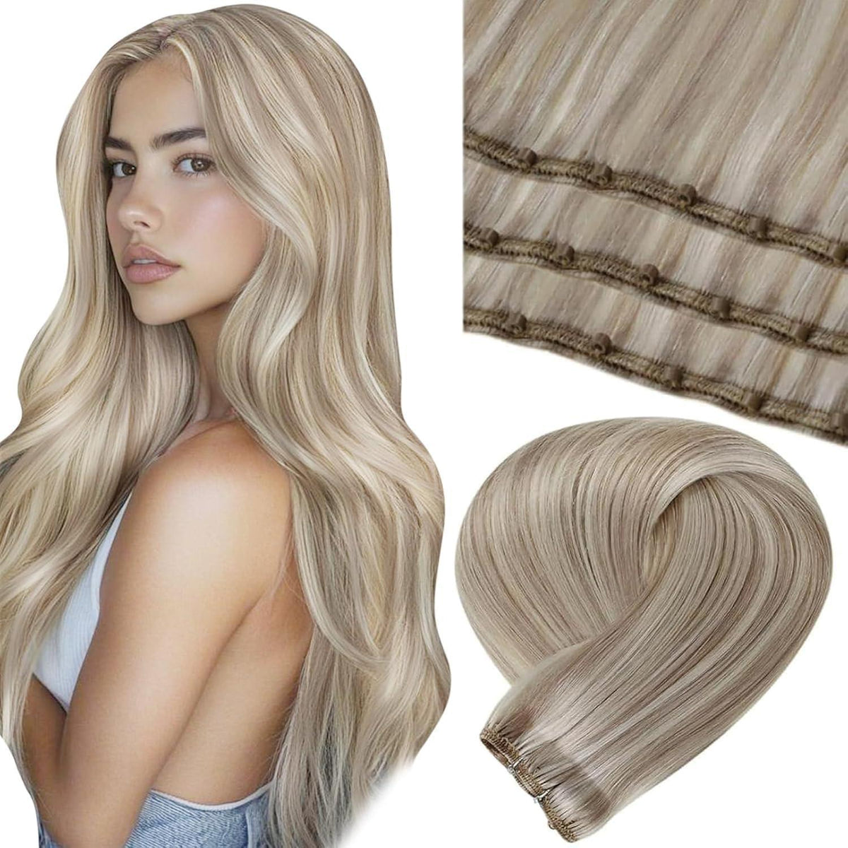 Blond Highlight Echthaar Tressen – Micro Bead Haarverlängerung #18/613
