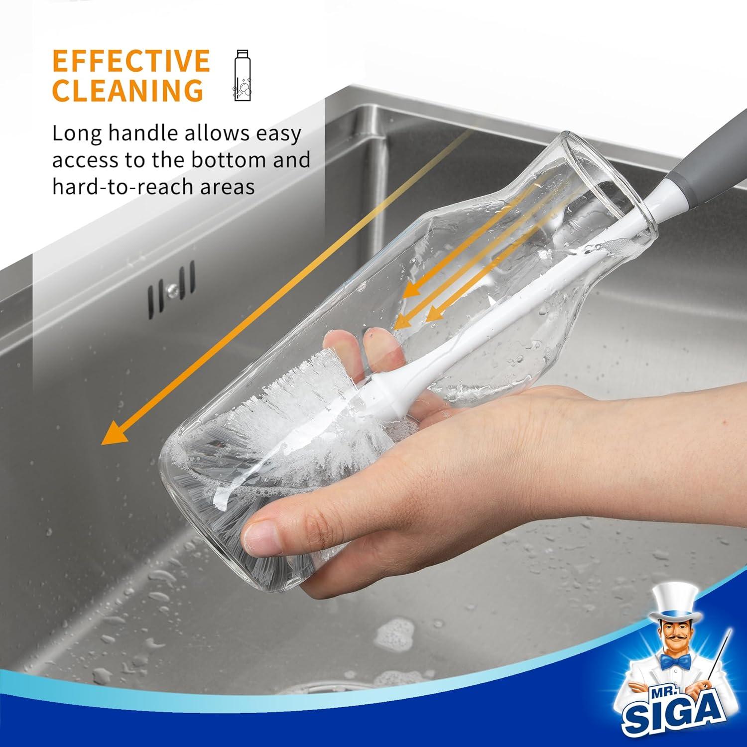 MR.SIGA Flaschenbürste mit langem Griff, Flexible Scheuerbürste für Glas und Flaschen, Grau, 2er Pack